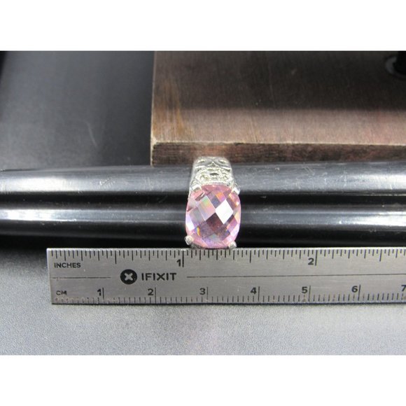 Size 5.5 Sterling Silver Pink Cubic Zirconia And Marcasite Stone Band Ring - Picture 8 of 9